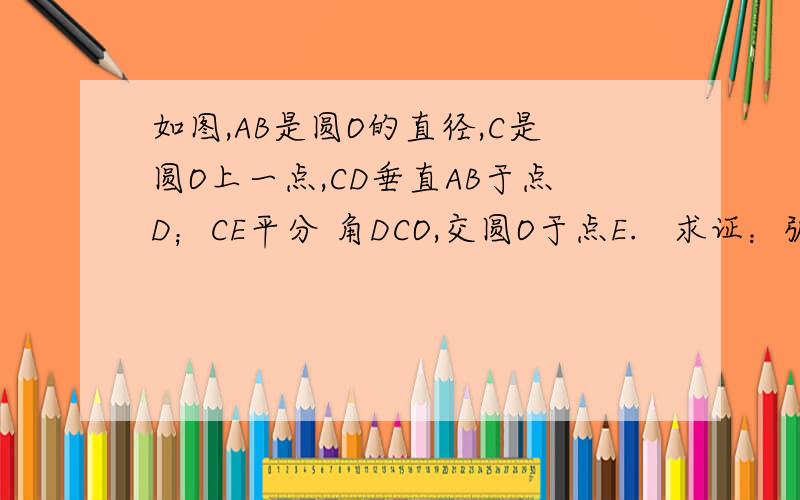 如图,AB是圆O的直径,C是圆O上一点,CD垂直AB于点D；CE平分 角DCO,交圆O于点E.   求证：弧AE=弧EB