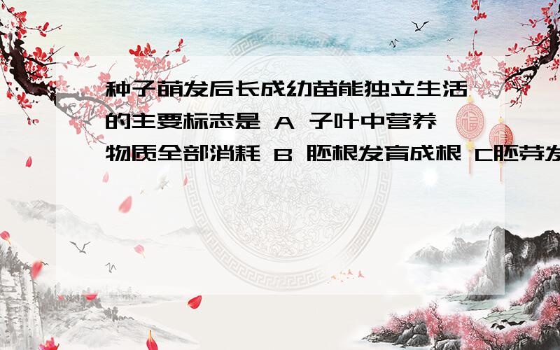 种子萌发后长成幼苗能独立生活的主要标志是 A 子叶中营养物质全部消耗 B 胚根发育成根 C胚芽发育成茎叶并