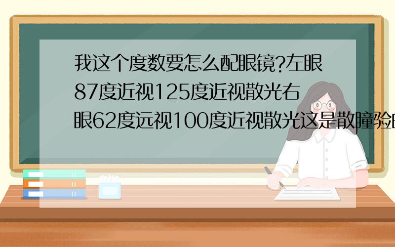 我这个度数要怎么配眼镜?左眼87度近视125度近视散光右眼62度远视100度近视散光这是散瞳验的光,我觉得右眼貌似还行,左眼不行,这眼镜该配多少度的?