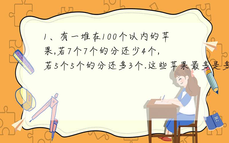 1、有一堆在100个以内的苹果,若7个7个的分还少4个,若5个5个的分还多3个.这些苹果最多是多少个?2、五年（5）班的三位同学李明、小军和王华拿同样多的钱一起到超市去买笔记本,买回来后,小