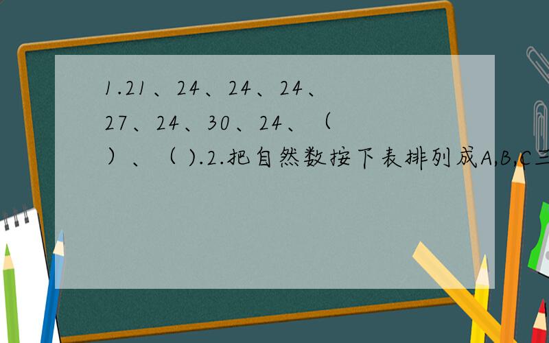 1.21、24、24、24、27、24、30、24、（ ）、（ ).2.把自然数按下表排列成A,B,C三行,1000是在哪一行?A 1,6,7,12,13,18,19,...B 2,5,8,11,14,17,20,...C 3,4,9,10,15,16,21,...3.一串数1/1,1/1,1/2,1/2,2/2,2/2,1/3,1/3,2/3,2/3,3/3...,