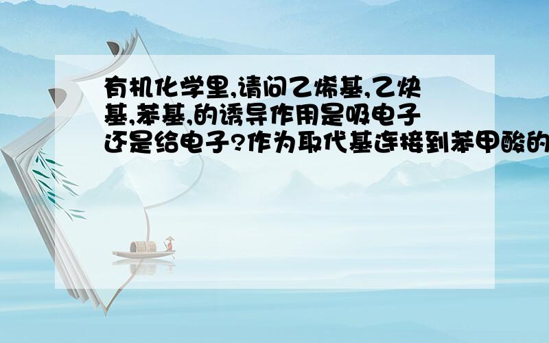 有机化学里,请问乙烯基,乙炔基,苯基,的诱导作用是吸电子还是给电子?作为取代基连接到苯甲酸的间位时,使其酸性减少还是增加?