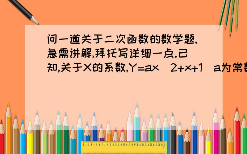 问一道关于二次函数的数学题.急需讲解,拜托写详细一点.已知,关于X的系数,Y=ax^2+x+1(a为常数）若函数的图像是抛物线,且顶点始终落在X轴的上方,求a的取值范围.