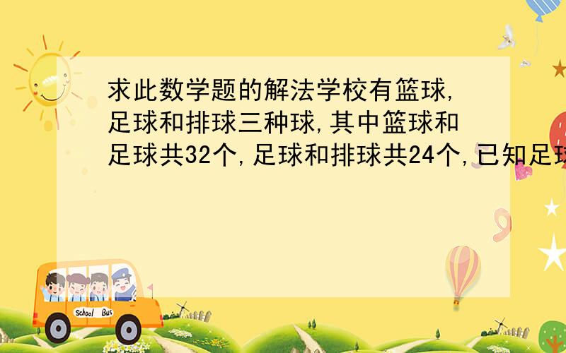 求此数学题的解法学校有篮球,足球和排球三种球,其中篮球和足球共32个,足球和排球共24个,已知足球个数是三种球总个数的六分之一,三种球共有多少个?（注：不要方程,只要算数解就行）