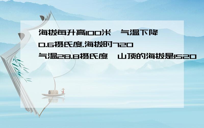 海拔每升高100米,气温下降0.6摄氏度.海拔时720,气温28.8摄氏度,山顶的海拔是1520幂,气温是多少.