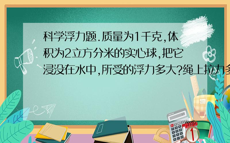 科学浮力题.质量为1千克,体积为2立方分米的实心球,把它浸没在水中,所受的浮力多大?绳上拉力多大?若绳子剪断,则球露出水面的体积为多少?