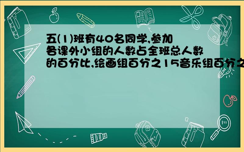 五(1)班有40名同学,参加各课外小组的人数占全班总人数的百分比,绘画组百分之15音乐组百分之25五(1)班有40名同学,参加各课外小组的人数占全班总人数的百分比,绘画组百分之15,音乐组百分之2