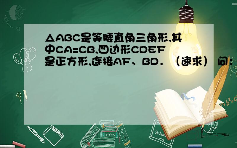 △ABC是等腰直角三角形,其中CA=CB,四边形CDEF是正方形,连接AF、BD．（速求） 问：△ABC是等腰直角三角形,其中CA=CB,四边形CDEF是正方形,连接AF、BD．（速求） 问： （1）观察图形,猜想AF与BD之间