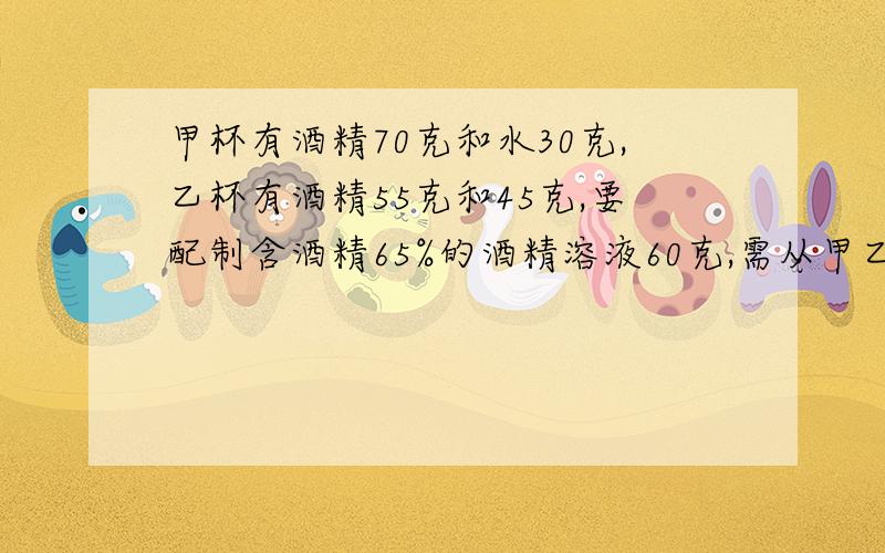 甲杯有酒精70克和水30克,乙杯有酒精55克和45克,要配制含酒精65%的酒精溶液60克,需从甲乙两个杯子中各取多少克?