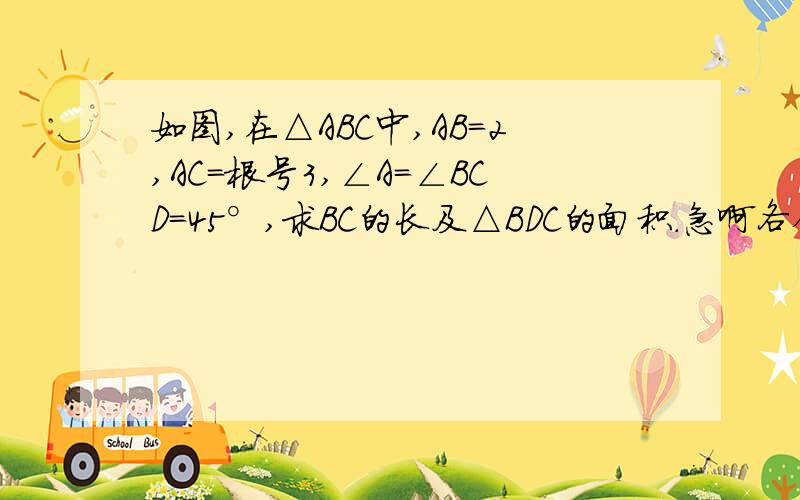 如图,在△ABC中,AB=2,AC=根号3,∠A=∠BCD=45°,求BC的长及△BDC的面积.急啊各位帮帮忙啊  强烈鄙视乱答的小孩