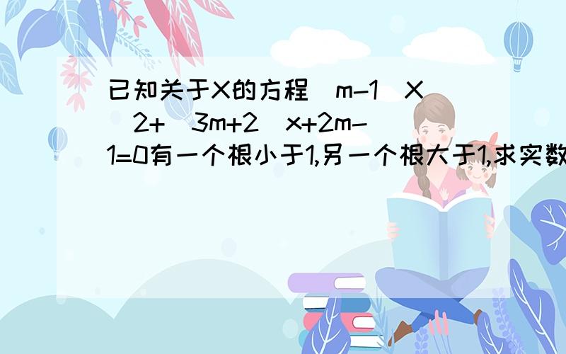 已知关于X的方程（m-1)X^2+(3m+2）x+2m-1=0有一个根小于1,另一个根大于1,求实数m的取值范围?