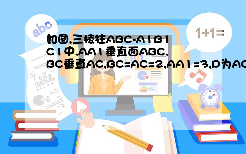 如图,三棱柱ABC-A1B1C1中,AA1垂直面ABC,BC垂直AC,BC=AC=2,AA1=3,D为AC的中点(1)求证:AB1平行面BDC1