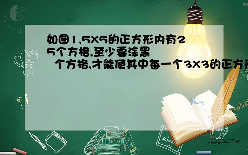 如图1,5X5的正方形内有25个方格,至少要涂黑      个方格,才能使其中每一个3X3的正方形内正好有4个黑格