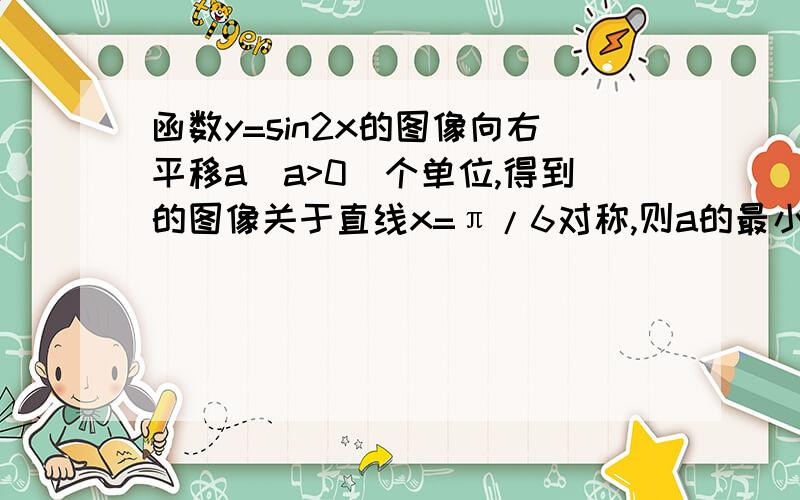 函数y=sin2x的图像向右平移a(a>0)个单位,得到的图像关于直线x=π/6对称,则a的最小值为