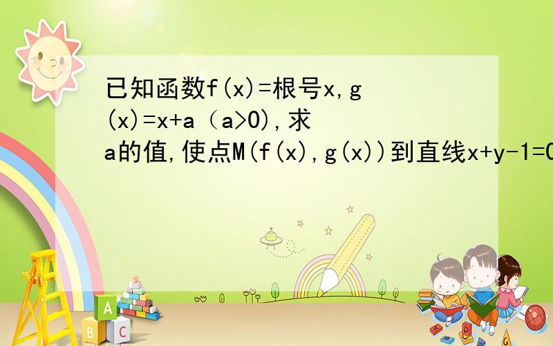 已知函数f(x)=根号x,g(x)=x+a（a>0),求a的值,使点M(f(x),g(x))到直线x+y-1=0的距离最短为根号2 若不等式f(x)-a乘以g(x)的差除以f(x)的商的绝对值