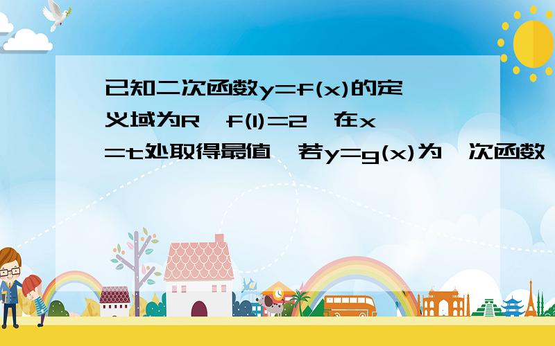 已知二次函数y=f(x)的定义域为R,f(1)=2,在x=t处取得最值,若y=g(x)为一次函数,且f(x)+g(x)=x2+2x-3 （1） 求y=f(x)的解析式；（2） 若x∈[-1,2]时,f(x)≥-1恒成立,求t的取值范围； 解：(1) 设f(x)=a(x-t)2+b, 又因