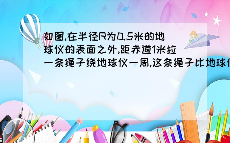 如图,在半径R为0.5米的地球仪的表面之外,距赤道1米拉一条绳子绕地球仪一周,这条绳子比地球仪的赤道的周长多几米?如果在地球赤道表面也同样做,情况又怎样（已知地球半径为6370千米,圆周