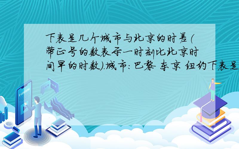 下表是几个城市与北京的时差（带正号的数表示一时刻比北京时间早的时数）.城市：巴黎 东京 纽约下表是几个城市与北京的时差（带正号的数表示一时刻比北京时间早的时数）.城市：巴黎