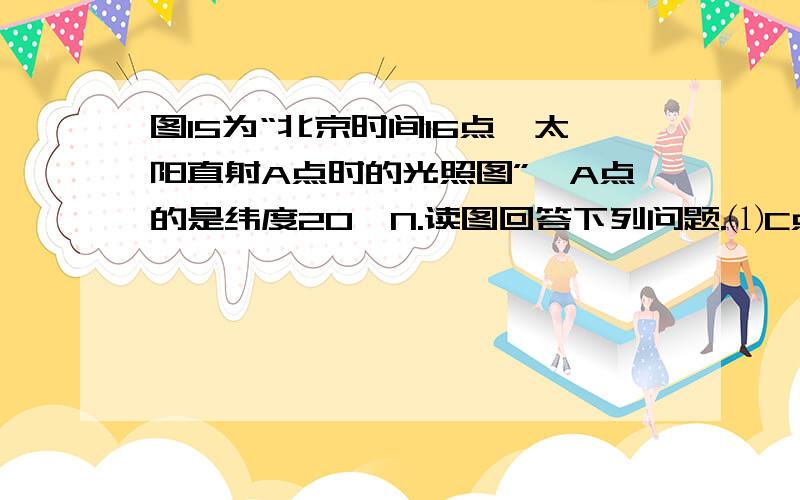 图15为“北京时间16点、太阳直射A点时的光照图”,A点的是纬度20°N.读图回答下列问题.⑴C点位于B点的 方向,其地理坐标是 ,此日昼长是 小时.⑵等值线①、②、③中,昼长最短的是 .⑶弧线AE两