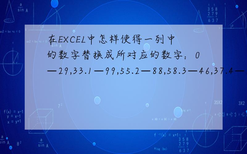 在EXCEL中怎样使得一列中的数字替换成所对应的数字：0—29,33.1—99,55.2—88,58.3—46,37.4—24,60