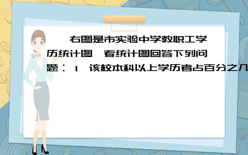 一、右图是市实验中学教职工学历统计图,看统计图回答下列问题： 1、该校本科以上学历者占百分之几?2、大专学历人数比硕士人数多42人,本科学历的有多少人?大专学历的有多少人?