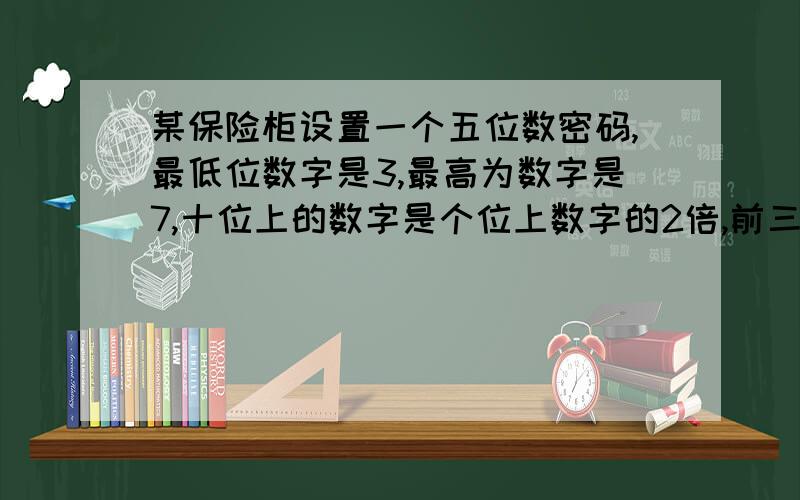 某保险柜设置一个五位数密码,最低位数字是3,最高为数字是7,十位上的数字是个位上数字的2倍,前三位数字的和与后三位数字的和都是15,你能猜出这个保险柜的密码吗?