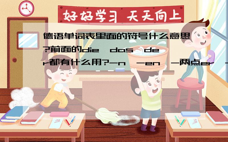 德语单词表里面的符号什么意思?前面的die,das,der都有什么用?-n,-en,-两点er,-s,-两点.请问下Adj.,Poss.,Int.,Part.,Konj.