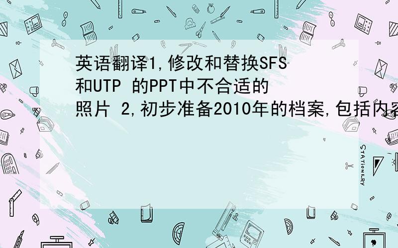 英语翻译1,修改和替换SFS和UTP 的PPT中不合适的照片 2,初步准备2010年的档案,包括内容和整体框架结构的安排和版式的构思.3,与吴经理讨论明年全国活动安装预算事宜 4,分析全国活动各城市在