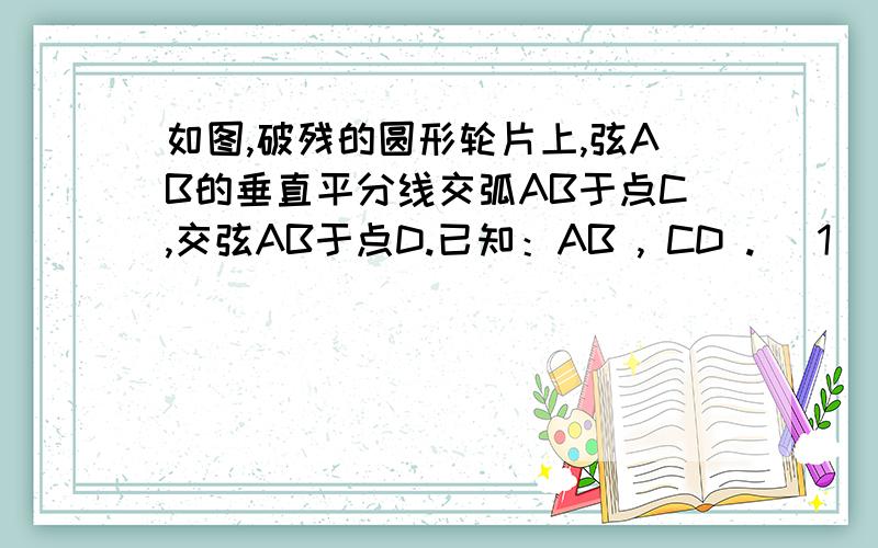 如图,破残的圆形轮片上,弦AB的垂直平分线交弧AB于点C,交弦AB于点D.已知：AB , CD . (1) 求作此残片所在求圆心在哪,和半径  AB=24 CD=8