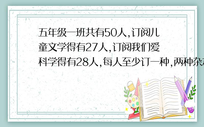 五年级一班共有50人,订阅儿童文学得有27人,订阅我们爱科学得有28人,每人至少订一种,两种杂志都订阅有 人快,以及为什么