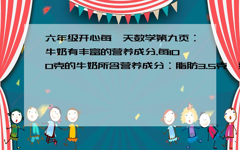 六年级开心每一天数学第九页：牛奶有丰富的营养成分.每100克的牛奶所含营养成分：脂肪3.5克、蛋白质3.2克、乳糖4.6克、矿物质0.7克、生理水88克.1.你能用百分数来表示牛奶的各种成分吗?脂