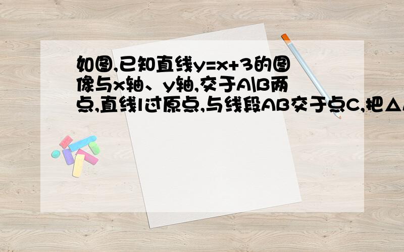 如图,已知直线y=x+3的图像与x轴、y轴,交于A\B两点,直线l过原点,与线段AB交于点C,把△AOB的面积分为2：1的两部分,求直线l的解析式.