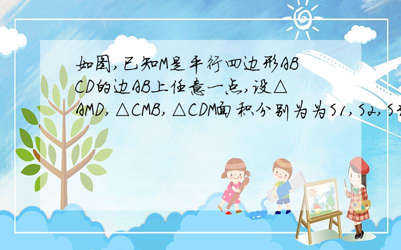 如图,已知M是平行四边形ABCD的边AB上任意一点,设△AMD,△CMB,△CDM面积分别为为S1,S2,S3,三者之间的关系并说明理由 等!