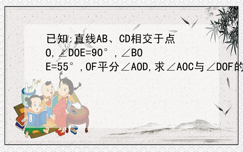 已知:直线AB、CD相交于点O,∠DOE=90°,∠BOE=55°,OF平分∠AOD,求∠AOC与∠DOF的度数