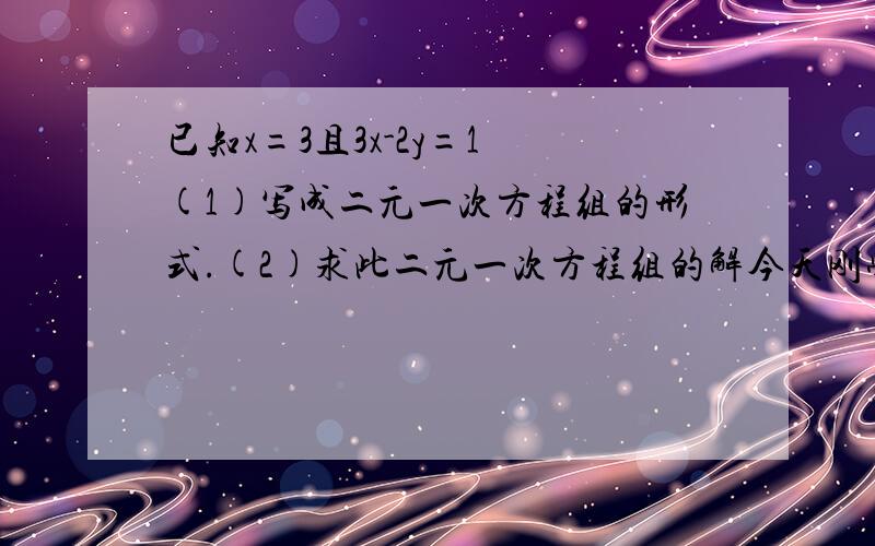 已知x=3且3x-2y=1 (1)写成二元一次方程组的形式.(2)求此二元一次方程组的解今天刚学,还有些不懂,二元一次方程组不是要两个二元一次方程么?