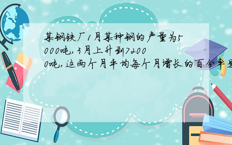 某钢铁厂1月某种钢的产量为5000吨,3月上升到72000吨,这两个月平均每个月增长的百分率是多少?