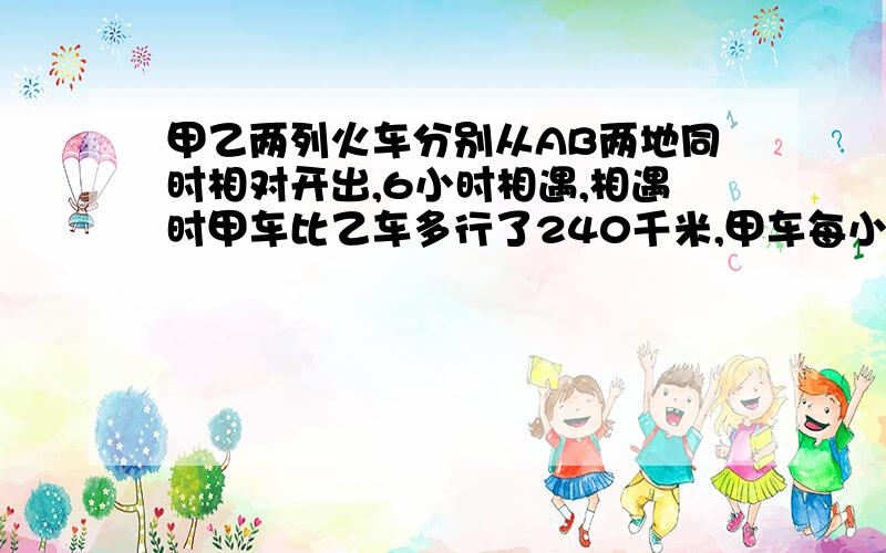 甲乙两列火车分别从AB两地同时相对开出,6小时相遇,相遇时甲车比乙车多行了240千米,甲车每小时行80千米,求乙车每小时行多少千米.