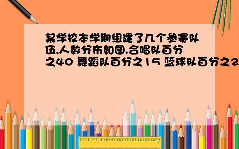 某学校本学期组建了几个参赛队伍,人数分布如图.合唱队百分之40 舞蹈队百分之15 篮球队百分之20 （1）足某学校本学期组建了几个参赛队伍,人数分布如图.合唱队百分之40 舞蹈队百分之15 篮