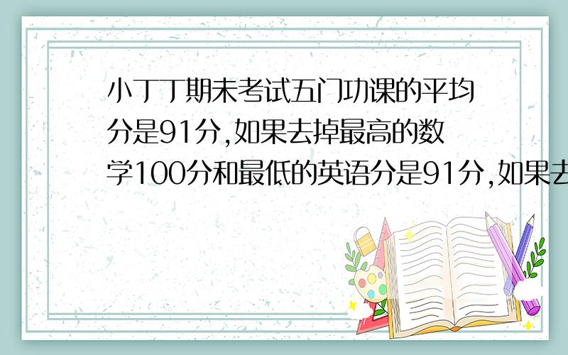 小丁丁期未考试五门功课的平均分是91分,如果去掉最高的数学100分和最低的英语分是91分,如果去掉最高的数学100分和最低的英语分后,其余3科的平均分是90分,求英语分是多少分?