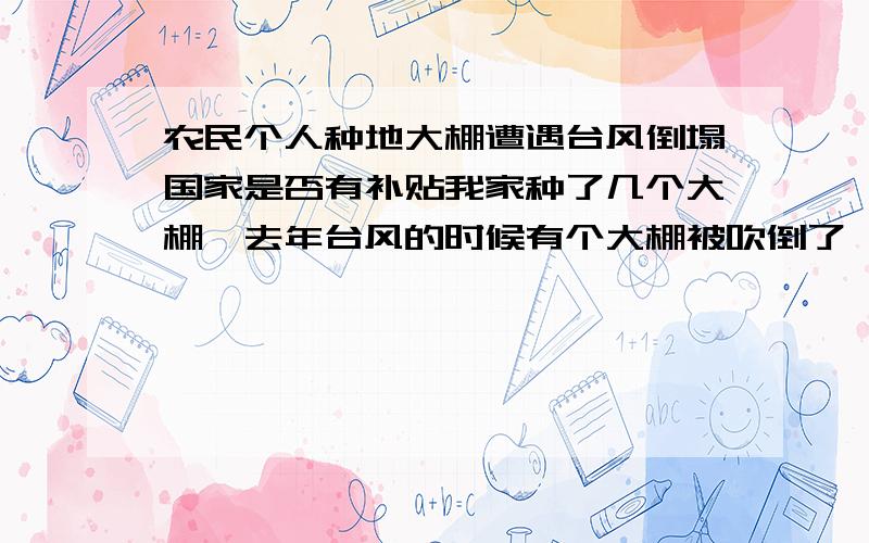 农民个人种地大棚遭遇台风倒塌国家是否有补贴我家种了几个大棚,去年台风的时候有个大棚被吹倒了,这些大棚没有保险过,请问国家有补贴的吗?