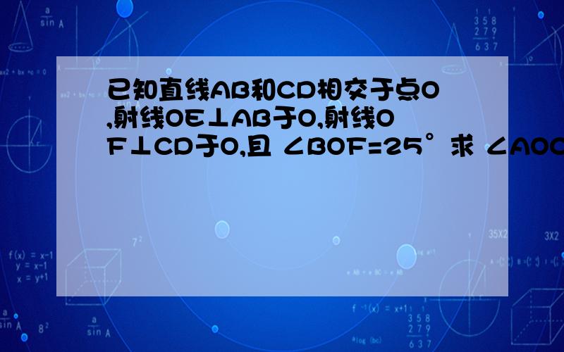 已知直线AB和CD相交于点O,射线OE⊥AB于O,射线OF⊥CD于O,且 ∠BOF=25°求 ∠AOC与∠EOD的度数此题求图和计算 可以多写