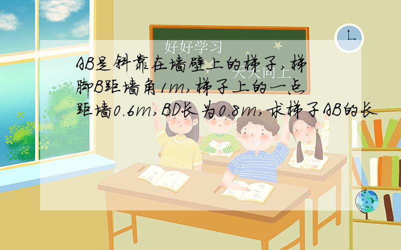 AB是斜靠在墙壁上的梯子,梯脚B距墙角1m,梯子上的一点距墙0.6m,BD长为0.8m,求梯子AB的长