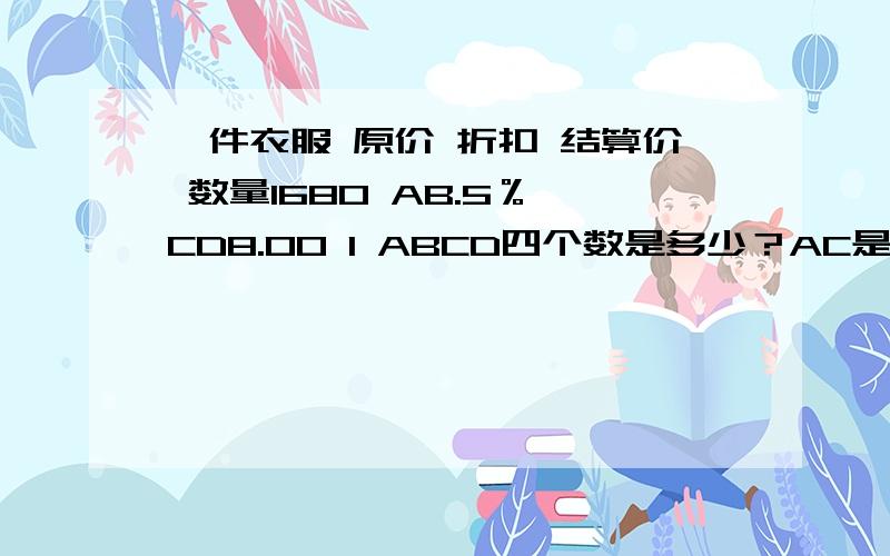 一件衣服 原价 折扣 结算价 数量1680 AB.5％ CD8.00 1 ABCD四个数是多少？AC是十位上的数，BD是个位上的数~我的意思是，450< CD8.00 < 7885楼算的，第二种情况不可能，因为这件衣服的仿款都＞这个