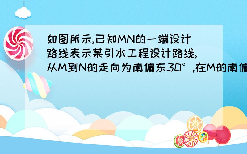 如图所示,已知MN的一端设计路线表示某引水工程设计路线,从M到N的走向为南偏东30°,在M的南偏东60°方向上有一点A,以A为圆心,500m为半径的圆形区域为居民区.取MN上另一点B,测得BA的方向为75°.