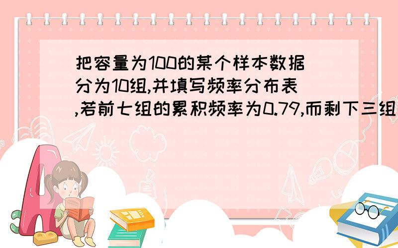 把容量为100的某个样本数据分为10组,并填写频率分布表,若前七组的累积频率为0.79,而剩下三组的频数成公比大于2的整数等比数列,则剩下三组中频数最高的一组的频数是?（答案是16）