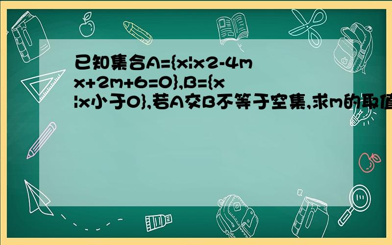 已知集合A={x|x2-4mx+2m+6=0},B={x|x小于0},若A交B不等于空集,求m的取值范围?∵B={x|x从画图来看