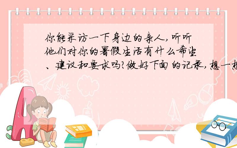 你能采访一下身边的亲人,听听他们对你的暑假生活有什么希望、建议和要求吗?做好下面的记录,想一想他们为什么这么说,谁 说的话 我的想法与分析妈妈； [ ] [ ][ ] [ ] [ ][ ] [ ] [ ][ ] [ ] [ ]