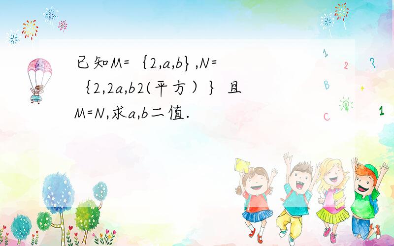 已知M=｛2,a,b},N=｛2,2a,b2(平方）｝且M=N,求a,b二值.