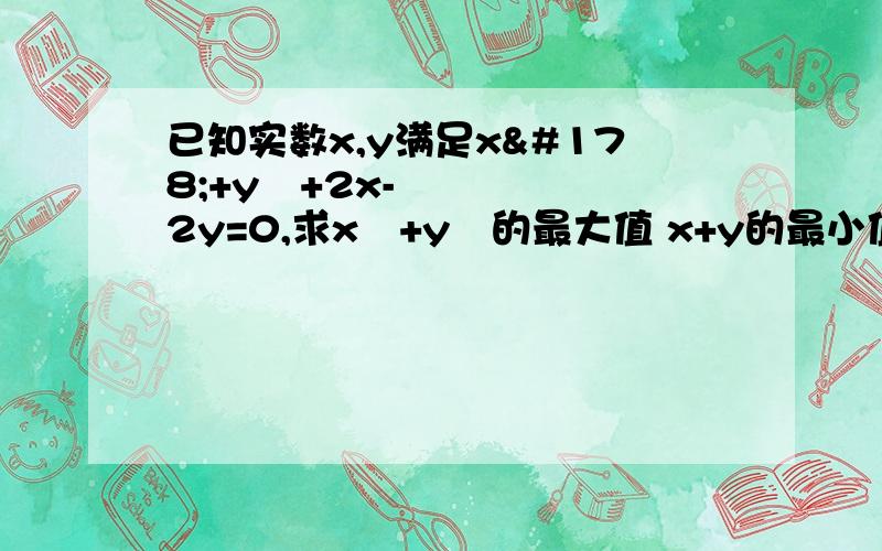 已知实数x,y满足x²+y²+2x-2y=0,求x²+y²的最大值 x+y的最小值,y/x-2的取值范围