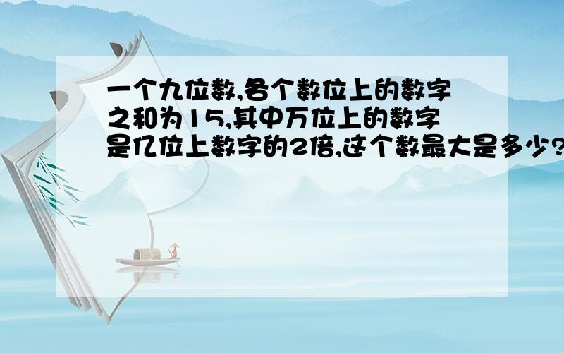 一个九位数,各个数位上的数字之和为15,其中万位上的数字是亿位上数字的2倍,这个数最大是多少?最小是多少?